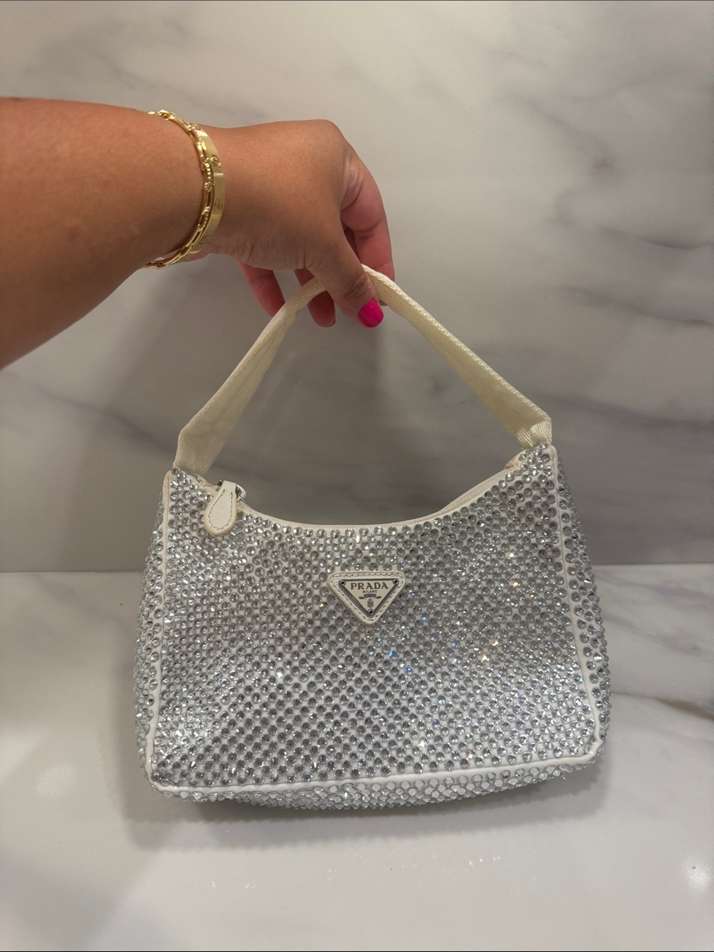 Crystal-Embellished Mini Bag in White and Silver
